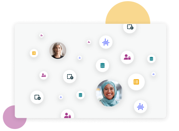 Employee pictures, surrounded by symbols that represent analytics (and more) within a unified platform 